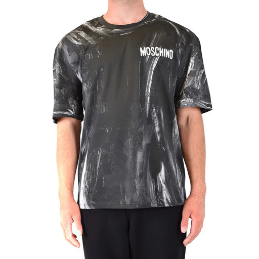 Schwarz Moschino Männer t-shirt mit glänzendem, abstraktem Pinselstrichmuster in Weiß und Grau, lässige Baumwollkleidung
