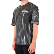Black Moschino men t-shirt with glossy paint-splatter design and white logo across the chest