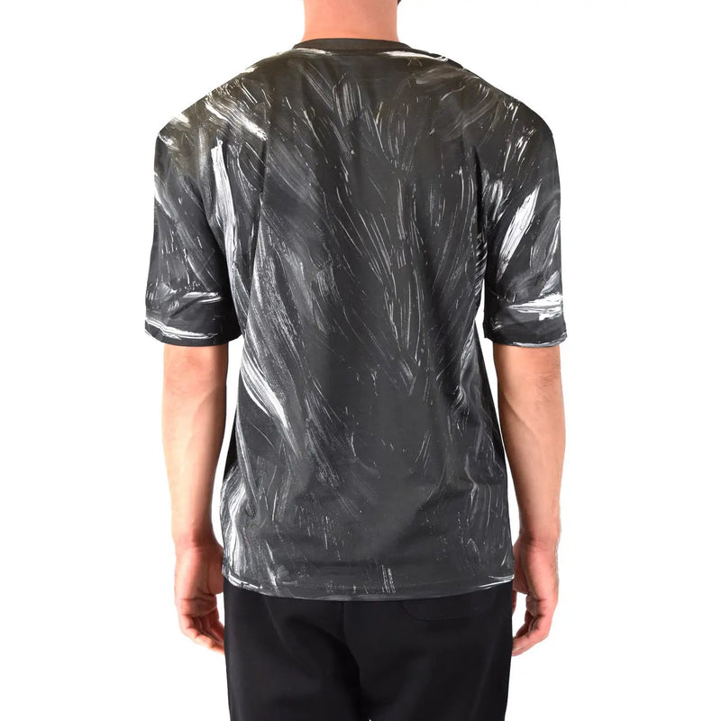 Moschino men t-shirt in black short-sleeved design with a glossy abstract white streak pattern resembling plastic wrap