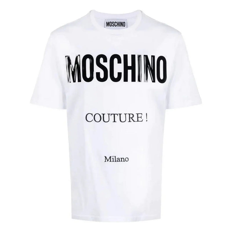 White Moschino men t-shirt with bold black metallic Moschino lettering and smaller couture Milano text on front