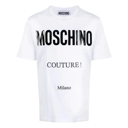 Weiß Moschino Männer t-shirt mit kräftigem schwarzen Metallic Moschino Schriftzug und kleinere Couture- und Milano-Schriftzüge auf der Vorderseite