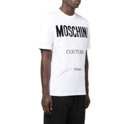 Weiß Moschino Männer t-shirt mit kräftigem Schwarz Moschino Couture-Milano-Schriftzug aus Baumwollstoff auf der Vorderseite