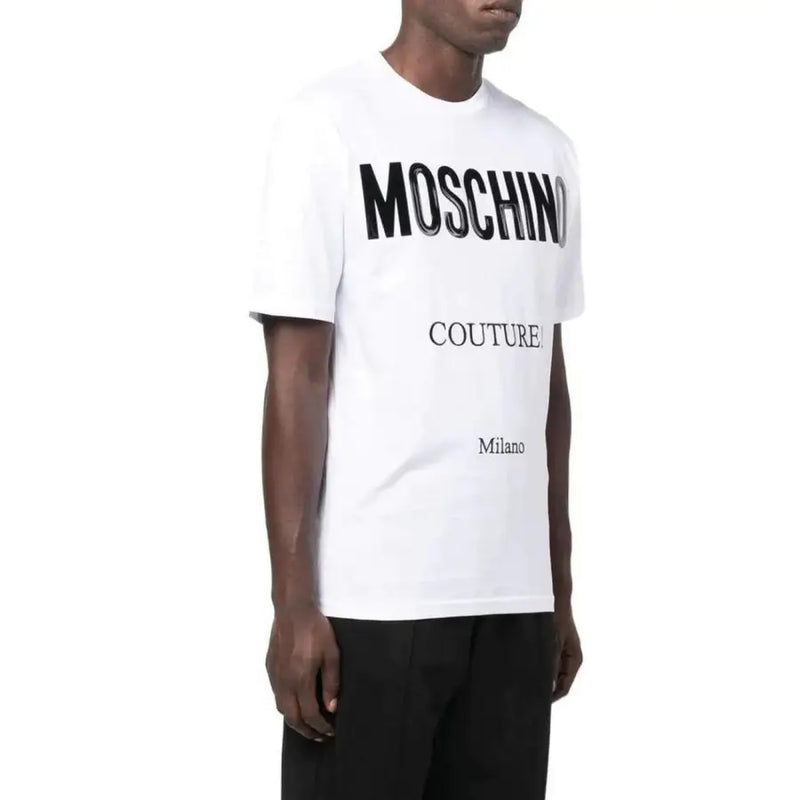 Weiß Moschino Männer t-shirt mit kräftigem Schwarz Moschino Couture-Milano-Schriftzug aus Baumwollstoff auf der Vorderseite