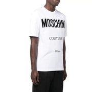 White Moschino men t-shirt in cotton featuring bold black Moschino couture Milano lettering on front