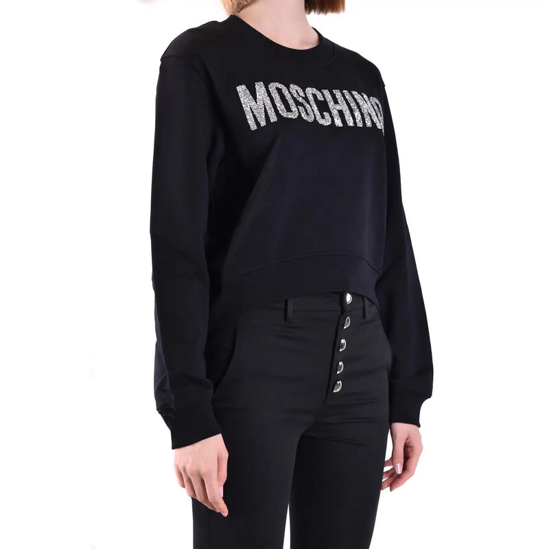 Moschino women cotton sweatshirt black round neck with silver glitter lettering across the chest