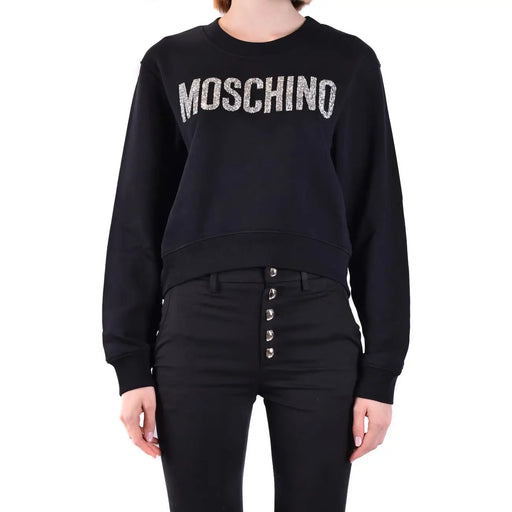 Black Moschino women cotton sweatshirt with round neck and sparkling silver lettering across the chest
