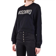 Moschino women cotton sweatshirt black with round neck and sparkling silver lettering across the chest