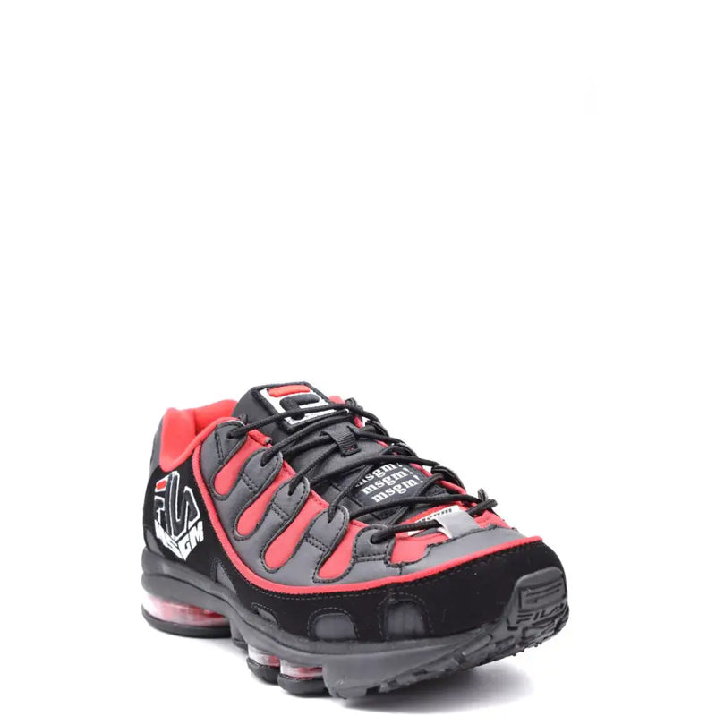 Black and red fila sneakers with white accents, mesh upper, rubber sole.