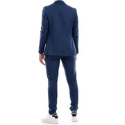 Mulish blue plain mens suit in navy blue with subtle texture and front pockets suitable for spring summer use