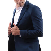 Navy blue plain mulish mens suit jacket with subtle sheen, structured shoulders, and front pockets for spring summer