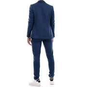 Mulish blue plain mens suit in navy blue with subtle texture and front pockets suitable for spring summer use