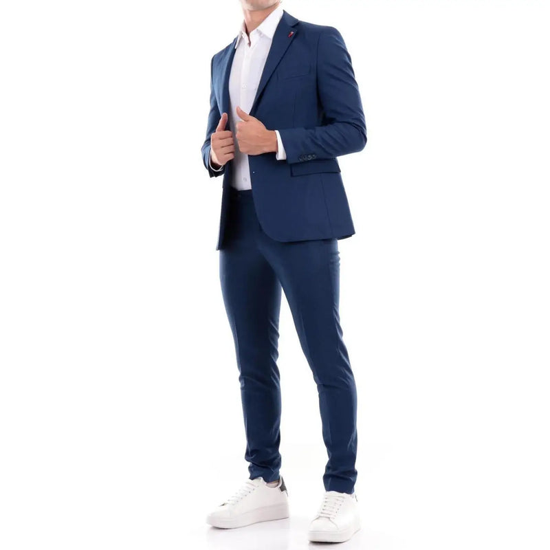 Mulish blue plain mens suit in navy blue with front pockets paired with a white dress shirt for spring summer wear