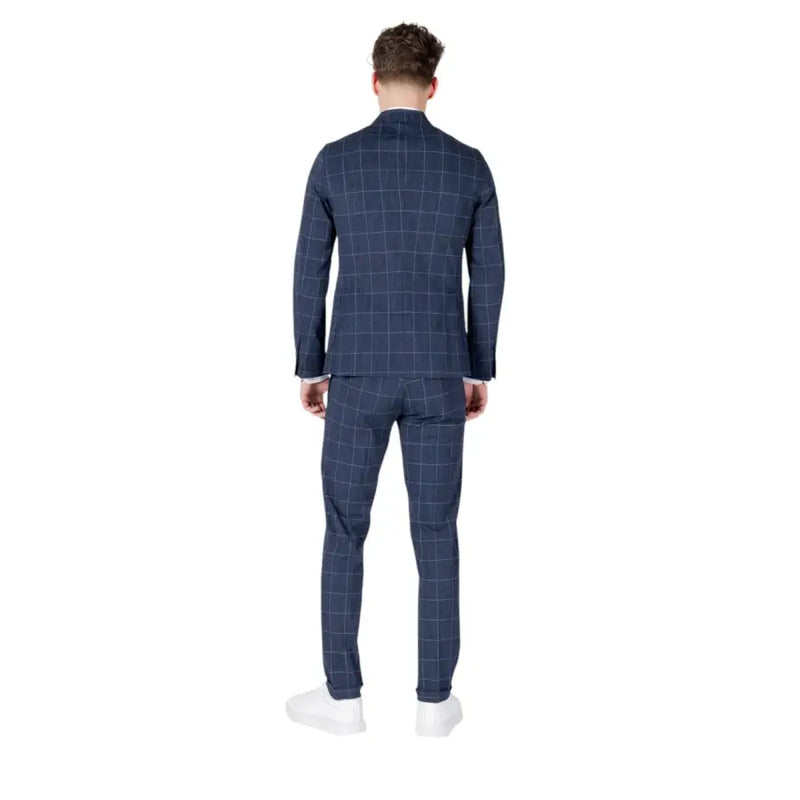 Mulish Costume homme bleu à carreaux en coton, coupe slim, avec revers longs, motif à carreaux bleu marine et blanc.