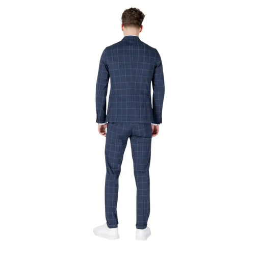 Mulish men blue checked cotton suit slim fit with navy blue plaid and white grid pattern long lapel
