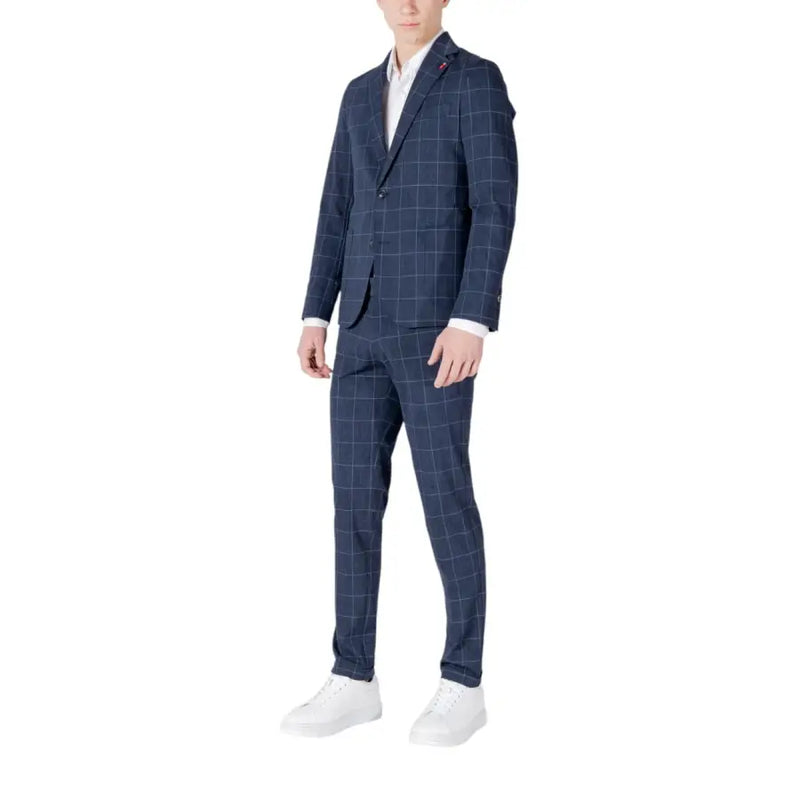Mulish Costume homme bleu marine à carreaux en coton, coupe slim, avec de fines rayures blanches et une texture subtile.