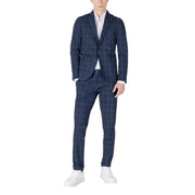 Mulish Costume homme en coton à carreaux bleu marine, coupe slim, revers longs, motif à carreaux bleu marine à fines rayures blanches et logo rouge sur le revers