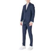 Mulish men blue checked cotton slim fit suit in navy blue plaid with thin white grid lines and subtle texture