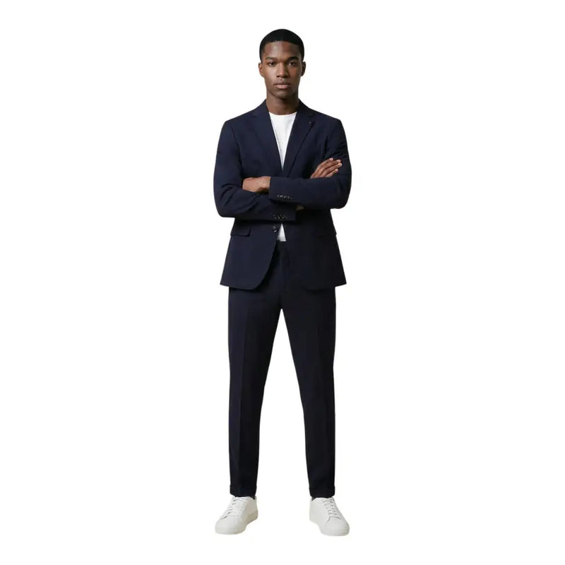 Mulish men blue cotton blend leopardi suit with v-neck lapel collar tailored in navy blue with subtle texture and clean lines
