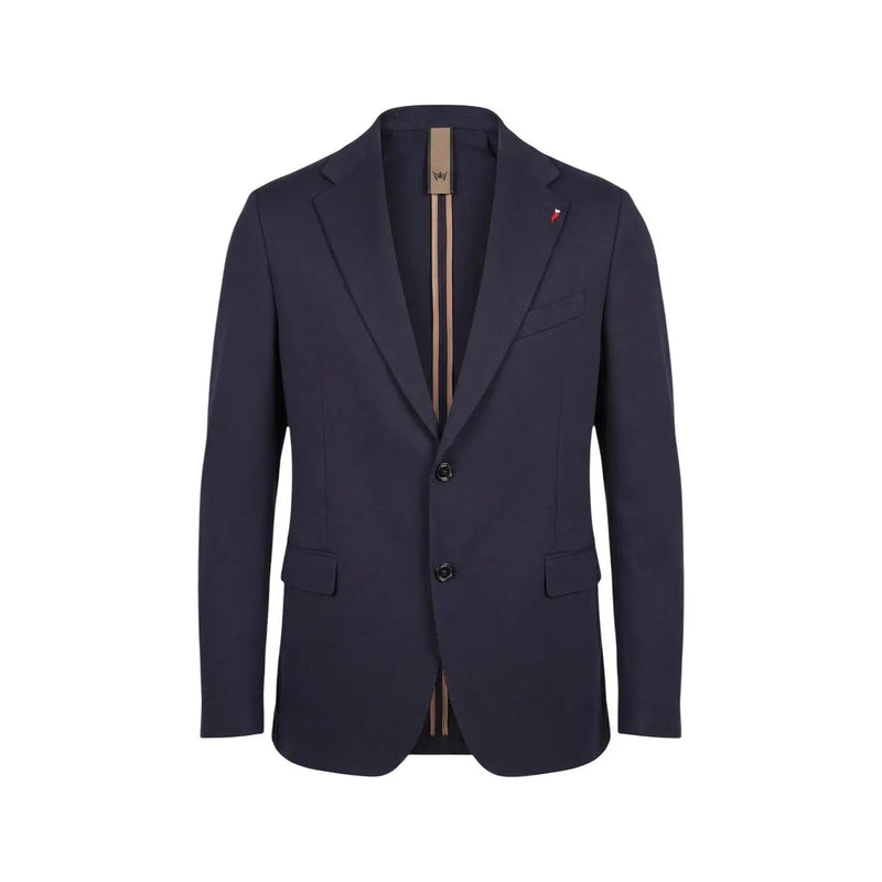 Mulish men blue cotton blend leopardi suit blazer with black buttons and subtle striped inner lining