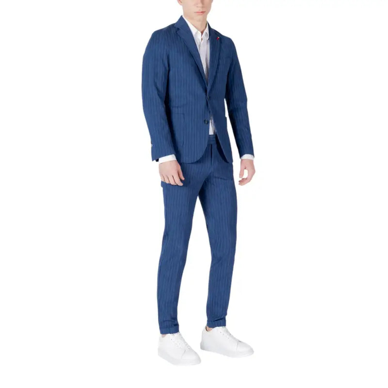 Mulish men blue pinstripe cotton suit slim fit with tailored fit and subtle vertical stripes featuring matching trousers