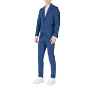 Mulish men blue pinstripe cotton suit slim fit featuring tailored navy blue fabric with subtle vertical stripes and matching trousers
