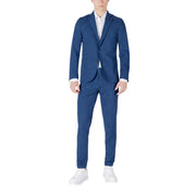 Mulish men blue pinstripe cotton suit slim fit abs990 featuring navy blue blazer and trousers with subtle lighter stripes