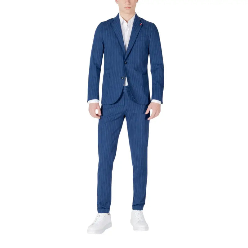Mulish men blue pinstripe cotton suit slim fit abs990 featuring navy blue blazer and trousers with subtle lighter stripes