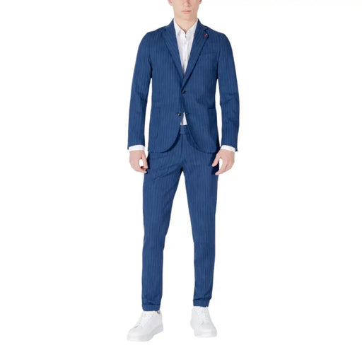 Mulish men blue pinstripe cotton suit slim fit abs990 featuring navy blue blazer and trousers with subtle lighter stripes