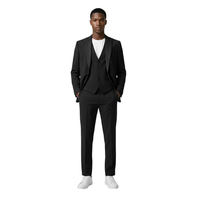 Mulish men suit black slim fit polyester viscose monetraso tailored three-piece suit with notched lapels and matching trousers