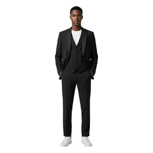 Mulish men suit black slim fit polyester viscose monetraso tailored three-piece suit with notched lapels and matching trousers