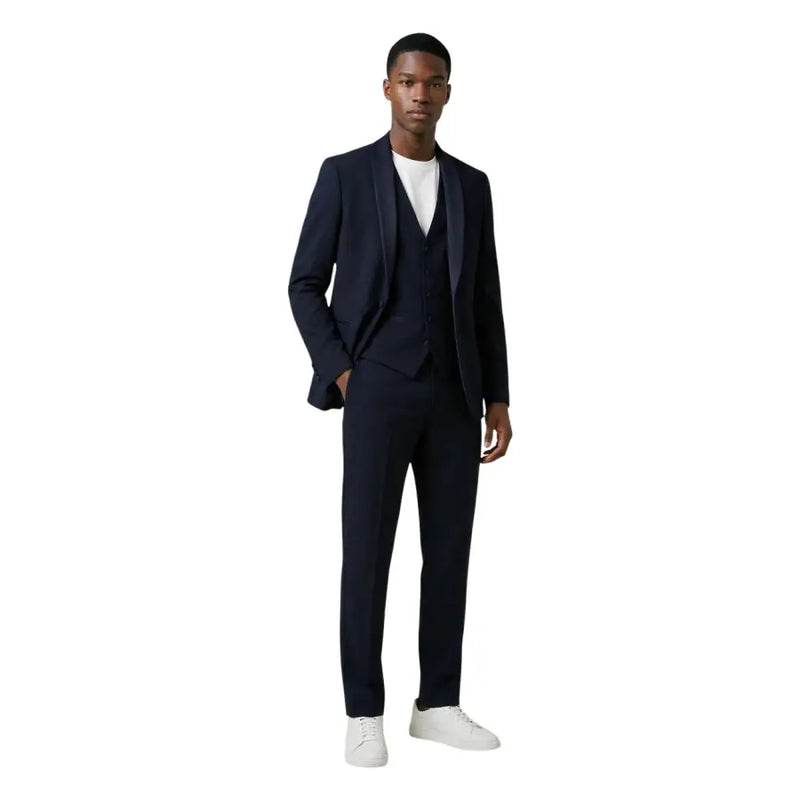 Navy blue mulish men suit slim fit three-piece polyester viscose with satin lapels tailored for formal wear