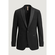 Mulish men suit black slim fit polyester viscose tuxedo jacket with satin lapels and matching buttonhole details