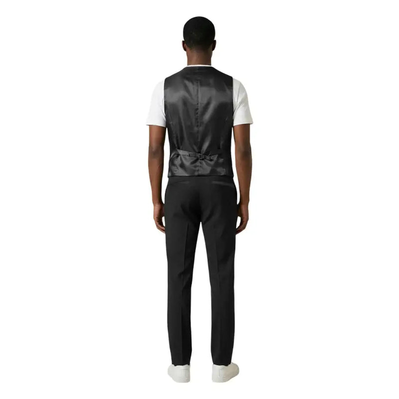 Mulish men suit black slim fit polyester viscose vest with sleek tailored fit and central belt buckle