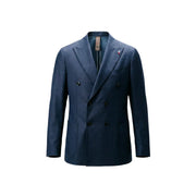 Navy blue double-breasted mulish men suit jacket with black buttons and subtle textured weave in polyester blend