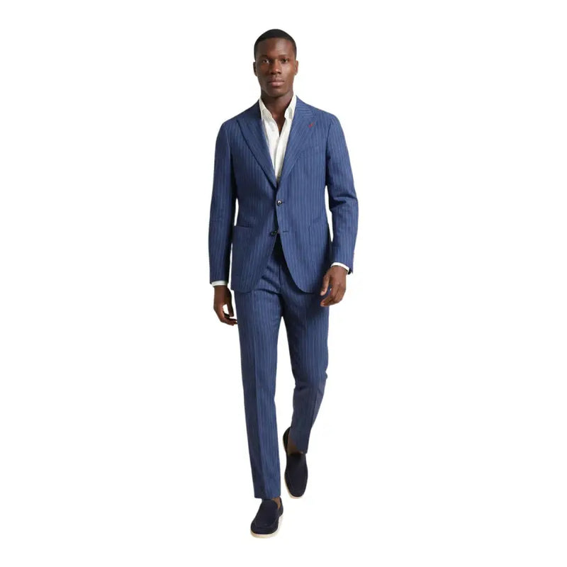 A tailored mulish men suit light blue pinstripe polyester carducci with fine vertical stripes and classic two-button design