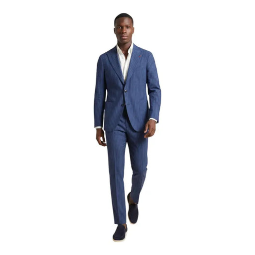 A tailored mulish men suit light blue pinstripe polyester carducci with fine vertical stripes and classic two-button design
