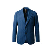 Mulish men suit navy blue pinstripe polyester blazer with subtle texture and three black buttons for formal wear