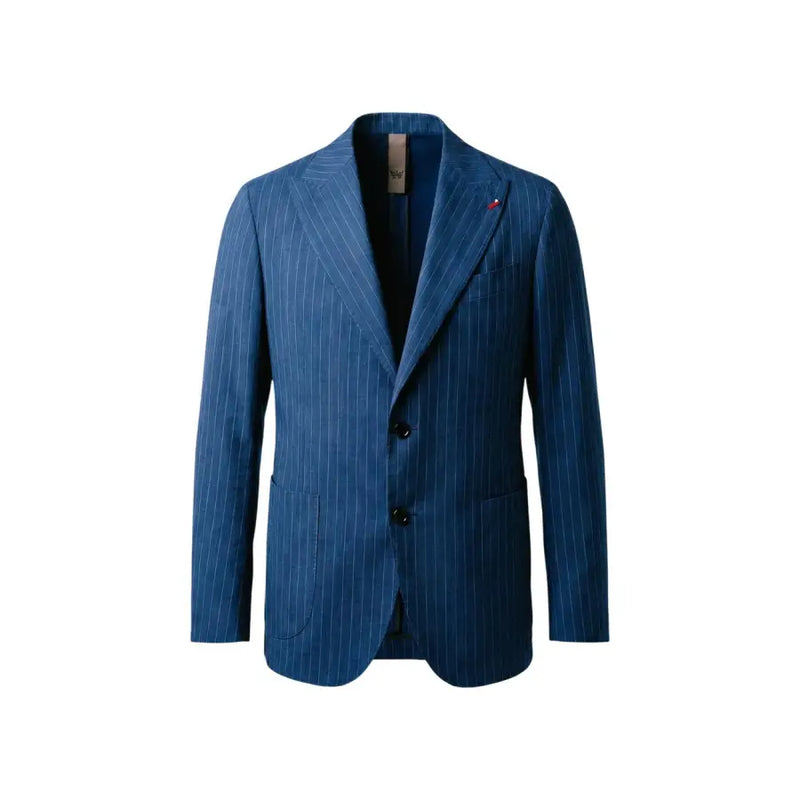 Mulish men suit navy blue pinstripe polyester blazer with subtle texture and three black buttons for formal wear