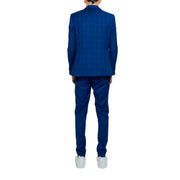 Mulish men’s light blue suit with lapel collar featuring a navy blue subtle checkered pattern and tailored trousers