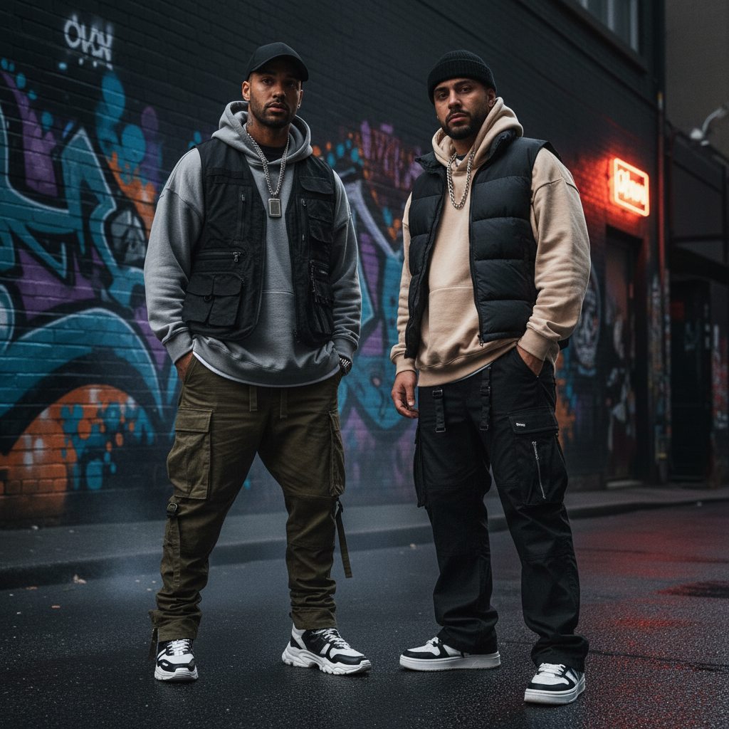 Two men standing in front of a graffiti-covered wall at night.