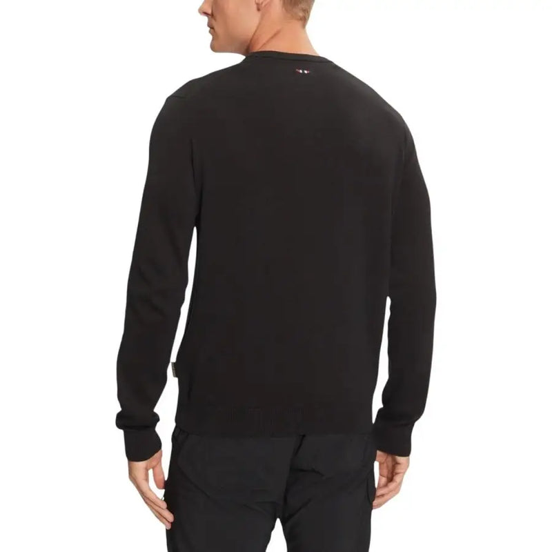 Black crew neck sweater with ribbed cuffs and hem, likely made of cotton or polyester blend.