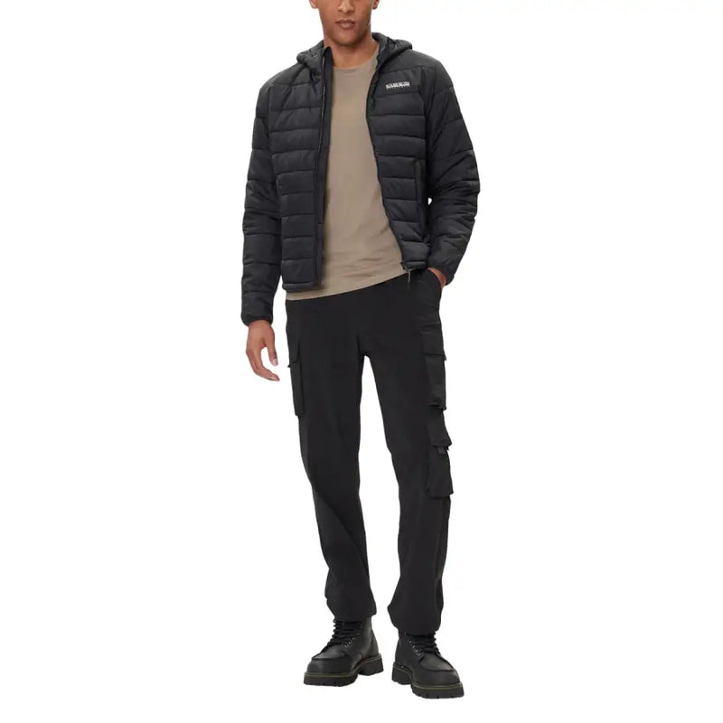 Black cargo pants with multiple pockets and a brand logo on the leg.