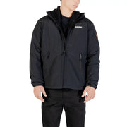 Black puffer jacket with hood and brand logo on sleeve.