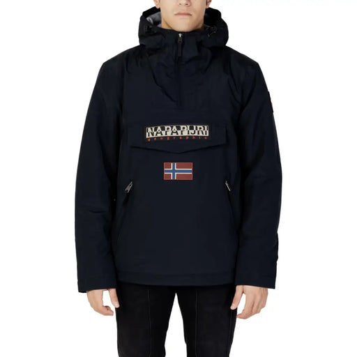 Napapijri navy blue anorak jacket with hood and norwegian flag patch.