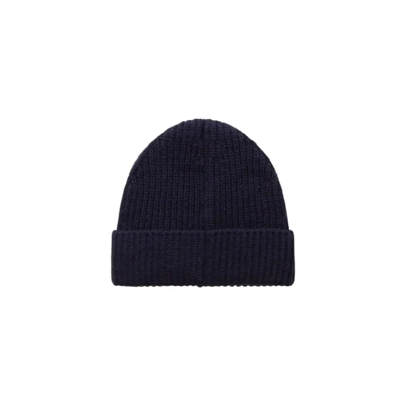 Navy blue ribbed knit beanie hat with folded cuff.