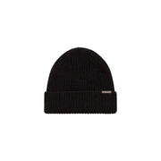 Black ribbed beanie with folded cuff and brand label.