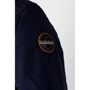 Navy blue jacket with orange and white logo patch, made of nylon material.