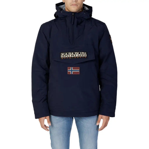 Navy blue anorak jacket with hood and logo patch, napapijri brand.