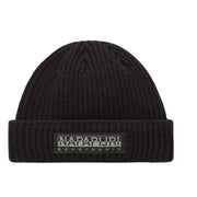 Napapijri Bonnet côtelé noir pour homme, avec revers et écusson rectangulaire à logo géographique, vue de face