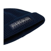 Napapijri marineblaue, gerippte Strickmütze für Herren mit schwarzem Etikett und weißem Logo, Vorderansicht